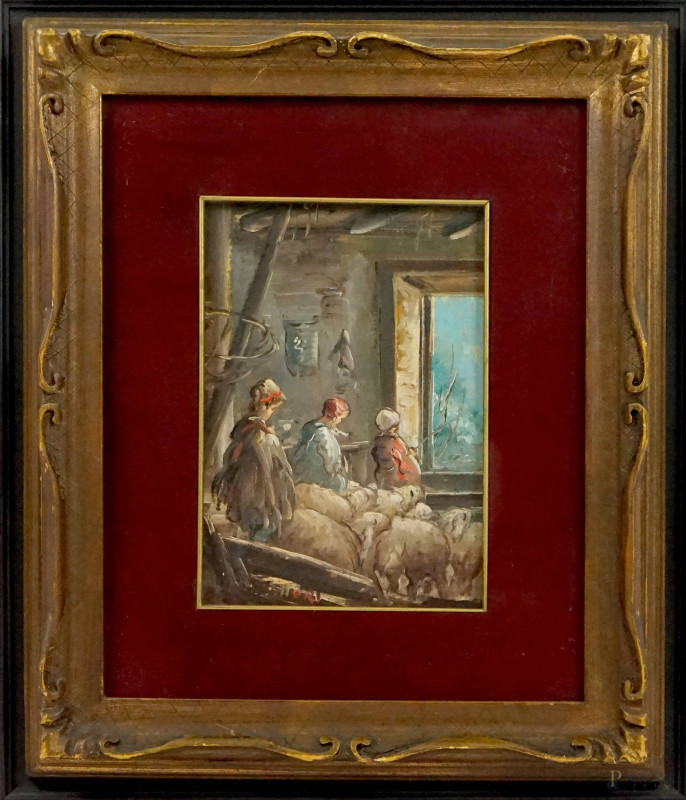 Mario Fattori : Pastorelli nell'ovile, olio su tavola, cm 35x25, entro cornici.  - Asta ASTA DI ANTIQUARIATO E ARTE MODERNA - Aste Pirone