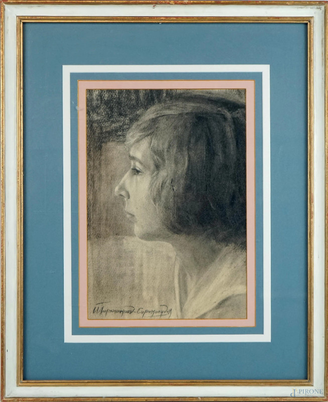 Ivan Silych Goriushkin-Sorokopudov : Profilo di ragazza russa, carboncino su carta, cm 32x22, entro cornice.  - Asta ASTA A TEMPO - DUE SESSIONI - Aste Pirone