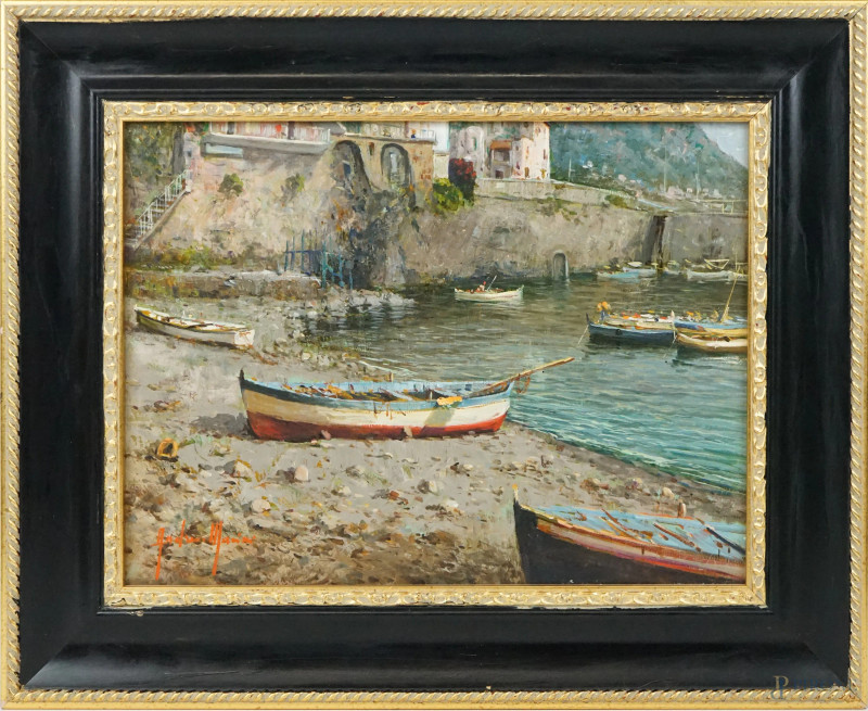 Barche a Lipari, olio su tela, cm 30x40, firmato Andrea Marini, entro cornice  - Asta ASTA A TEMPO - Aste Pirone