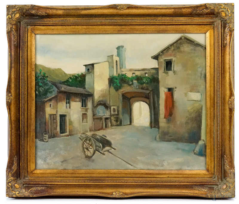 Scorcio di paese, olio su tela, cm 40x50, firmato e datato a tergo, entro cornice  - Asta II TORNATA DI ASTA DI ARTE MODERNA E ANTIQUARIATO - Aste Pirone