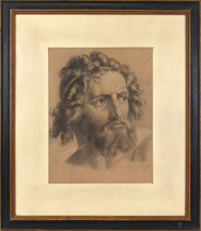 Volto d'uomo, disegno a matita su carta, cm 36x27, firmato e datato F.Saltelli 1873, entro cornice.  - Asta ASTA DI ARTE MODERNA E ANTIQUARIATO - Aste Pirone