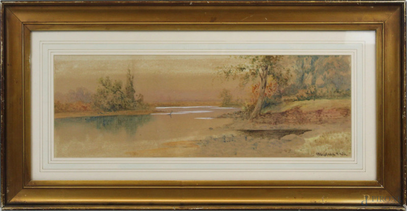 Paesaggio fluviale, acquarello su carta, cm 19x54, firmato, entro cornice.  - Asta ANTIQUARIATO E ARTE MODERNA - Aste Pirone