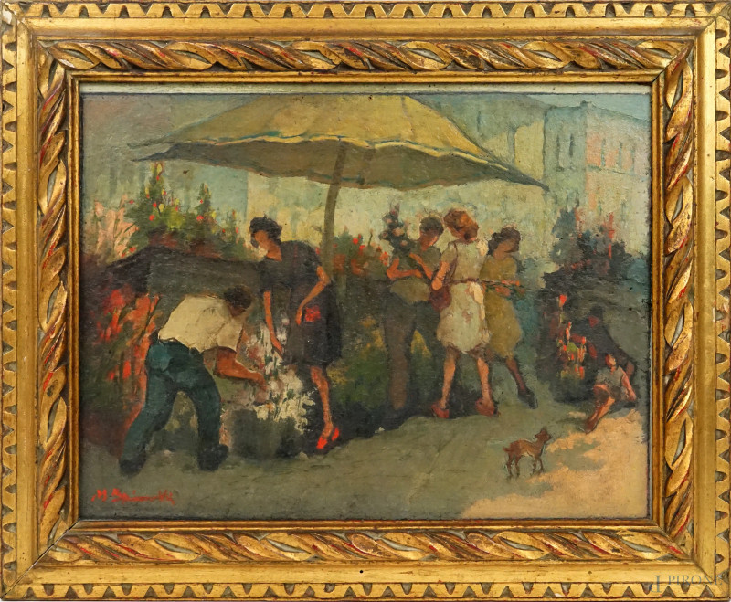 Scena di mercato, olio su cartone, cm 29x38, firmato, entro cornice  - Asta ASTA A TEMPO DI ANTIQUARIATO E ARTE MODERNA – DUE SESSIONI - Aste Pirone