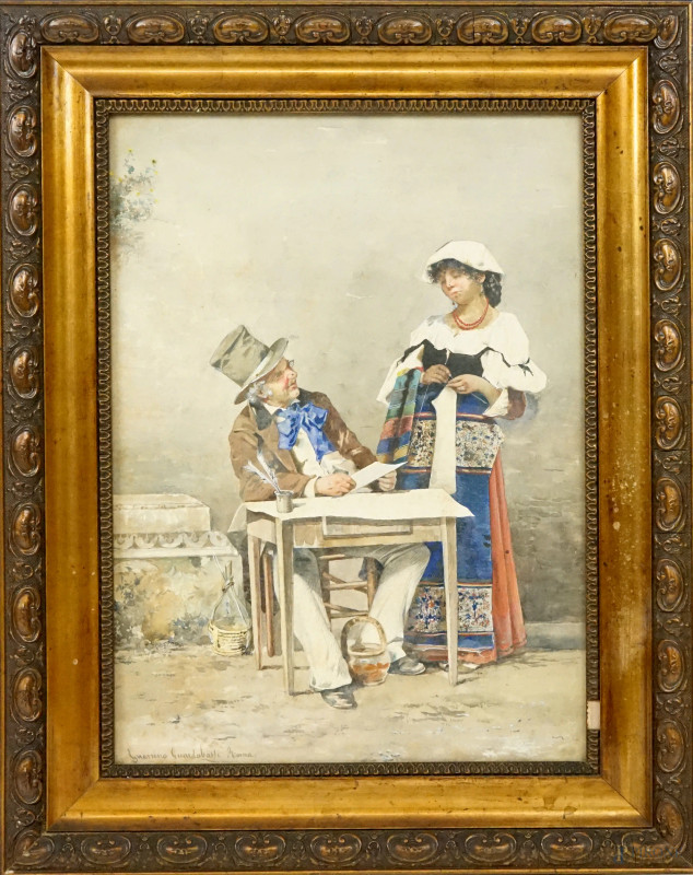 Lo scrivano pubblico con una popolana, acquarello su carta, cm 35x25, firmato Guerrino Guardabassi Roma, entro cornice  - Asta ASTA A TEMPO DI ANTIQUARIATO E ARTE MODERNA - Aste Pirone