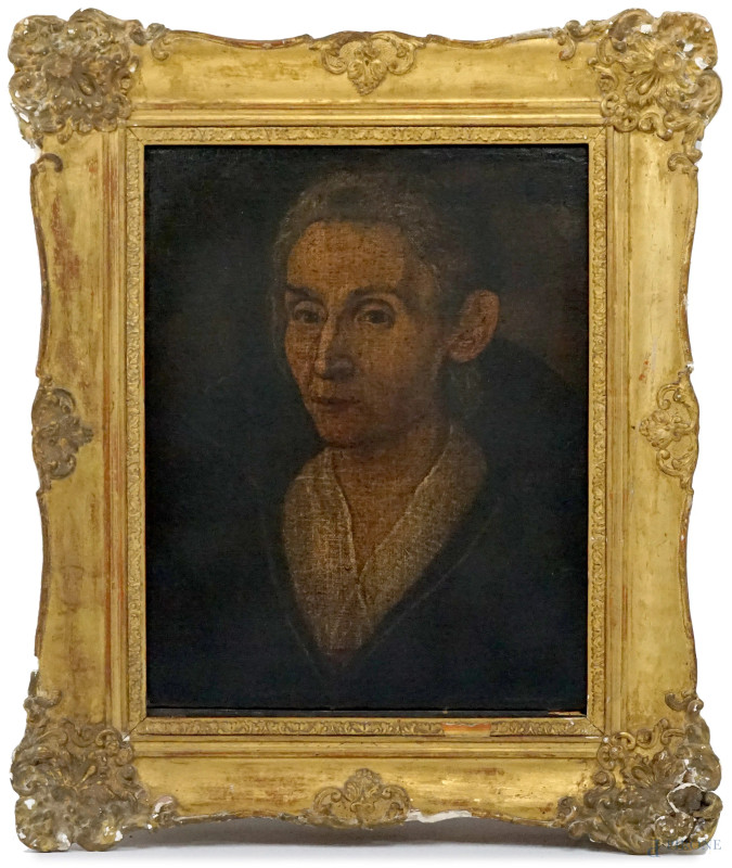 Ritratto di anziana, antico dipinto ad olio su tela, cm 47x38, entro cornice, recante iscrizione sul retro del telaio, (difetti).  - Asta ASTA A TEMPO DI ANTIQUARIATO E ARTE MODERNA - Aste Pirone