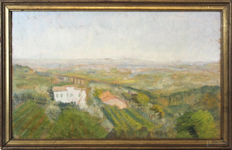 Paesaggio collinare, olio su cartone, cm 34x56, firmato, entro cornice.  - Asta SECONDA TORNATA D' ASTA A TEMPO DI FINE STAGIONE - Aste Pirone