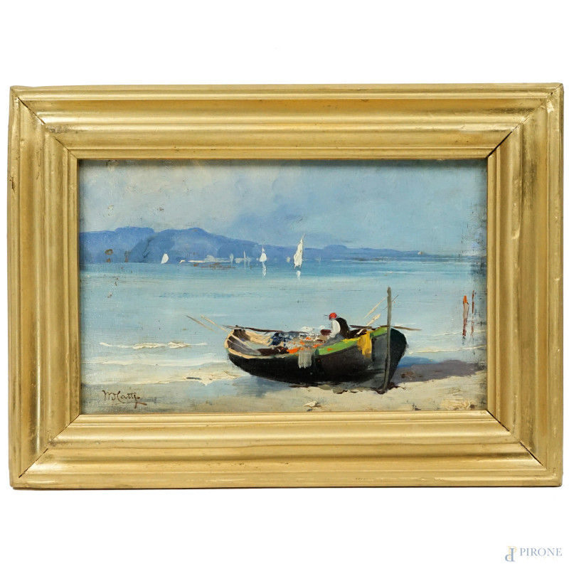 Scorcio di spiaggia con barca, olio su compensato, cm 17x27, firmato, entro cornice.  - Asta ASTA A TEMPO DI ANTIQUARIATO E ARTE MODERNA – DUE SESSIONI - Aste Pirone