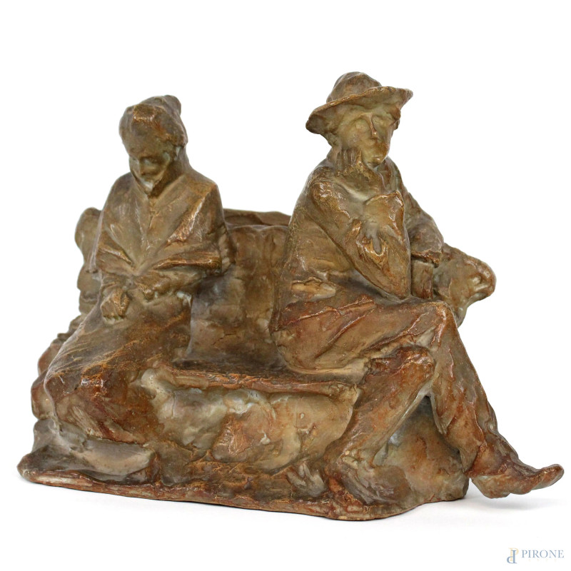 Edouard Fortini : Coppia seduta in meditazione, scultura in terracotta, cm h 20x27x16.  - Asta ANTIQUARIATO E ARTE MODERNA - Aste Pirone