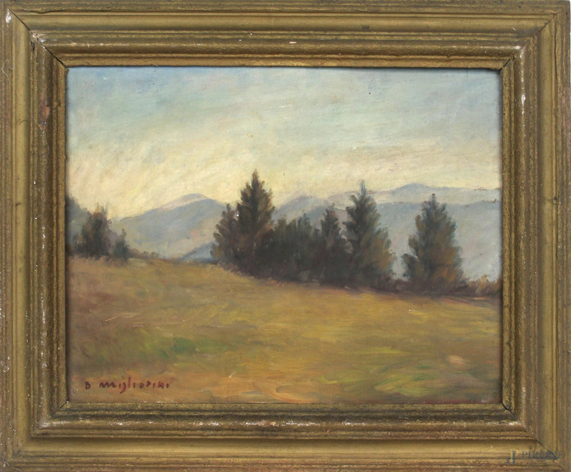 Paesaggio con alberi, olio su compensato, cm 35x45, firmato, entro cornice.  - Asta ASTA DI ARTE MODERNA E ANTIQUARIATO - Aste Pirone