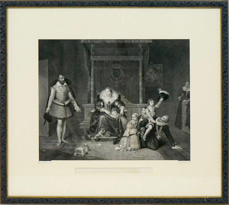 Enrico IV gioca con i suoi figli, stampa, cm 42,5x48,5 circa, incisore Joseph Theodore Richomme (1785-1849), pittore Jean Auguste Dominique Ingres (1780-1867), entro cornice.  - Asta II TORNATA DI ASTA DI ARTE MODERNA E ANTIQUARIATO - Aste Pirone