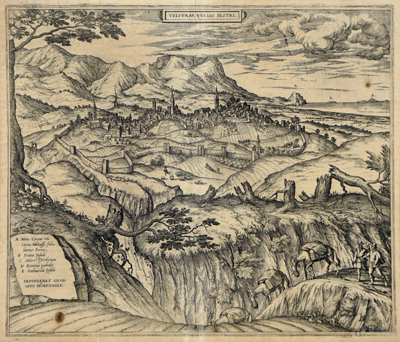 Georgius Hoefnagle (1542-1600) , Veduta di Velletri, incisione, cm 41x55, (macchie sulla carta)  - Asta ASTA DI ANTIQUARIATO E ARTE MODERNA - Aste Pirone