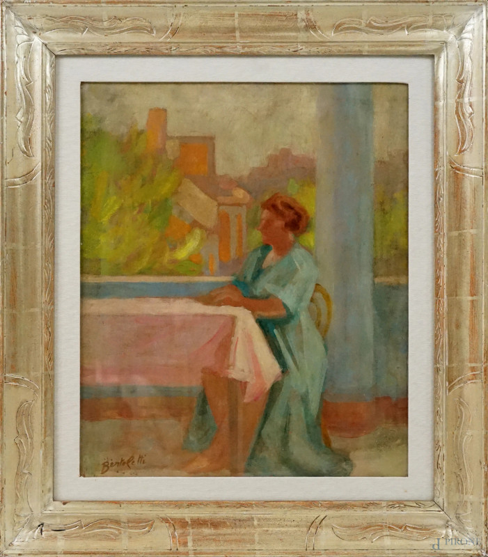 Nino Bertoletti : Donna assorta, olio su masonite, cm 55x46, entro cornice.  - Asta ASTA A TEMPO DI ANTIQUARIATO E ARTE MODERNA - Aste Pirone