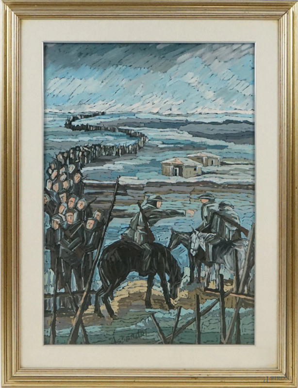 Truppe, olio su tela, cm 70x50, firmato, entro cornice.  - Asta ASTA DI ARTE MODERNA, CONTEMPORANEA E VINTAGE - Aste Pirone