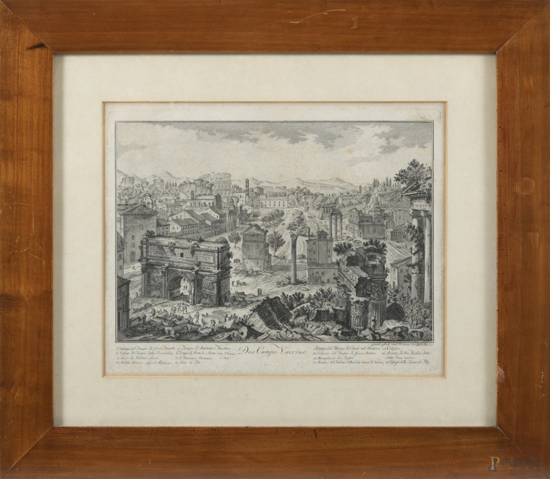 Incisione raffigurante veduta del Campo Vaccino, XIX secolo, cm 36,5x42 compreso passepartout, entro cornice, (segni di usura, ondulazioni della carta, foxing, gore, tracce di umidità)  - Asta ASTA A TEMPO | ELECTA - Aste Pirone