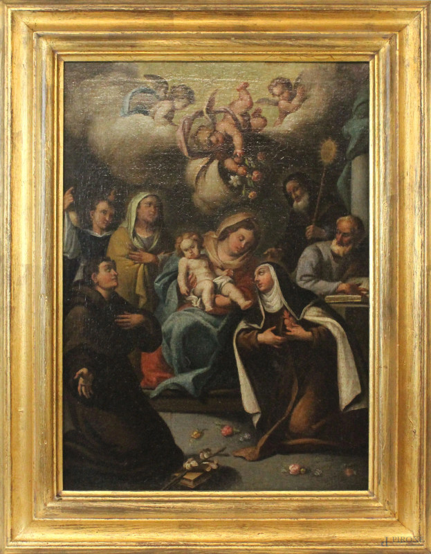 Sacra famiglia con angeli e santi, olio su tela, cm 51,5x37, XVIII secolo, entro cornice.  - Asta ANTIQUARIATO E ARTE MODERNA - Aste Pirone