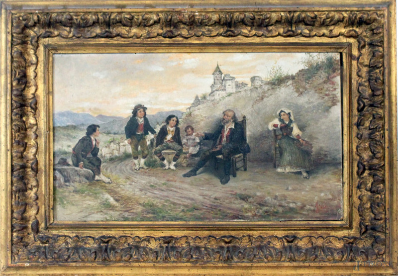 Paesaggio con strada e gruppo di figure a riposo, olio su tela, cm 30x52, firmato, entro cornice, (piccole cadute di colore).  - Asta ANTIQUARIATO E ARTE MODERNA - Aste Pirone