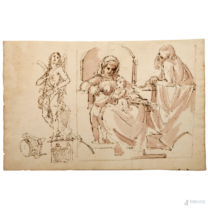 Madonna con Bambino e San Giovannino (studio per bassorilievo), XIX secolo, tecnica mista su carta, cm 20,5x32, (foxing, ondulazioni della carta, lieve usura)  - Asta ASTA A TEMPO | VARIÆ - Aste Pirone