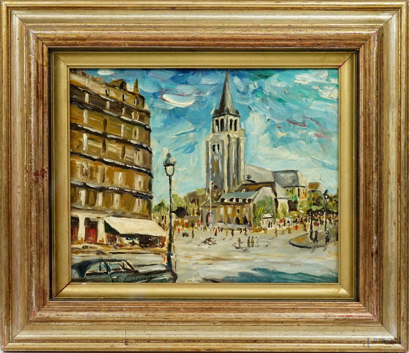 Scorcio di Parigi, olio su compensato, cm 23x28, firmato, entro cornice.  - Asta ASTA A TEMPO DI ANTIQUARIATO E ARTE MODERNA - Aste Pirone