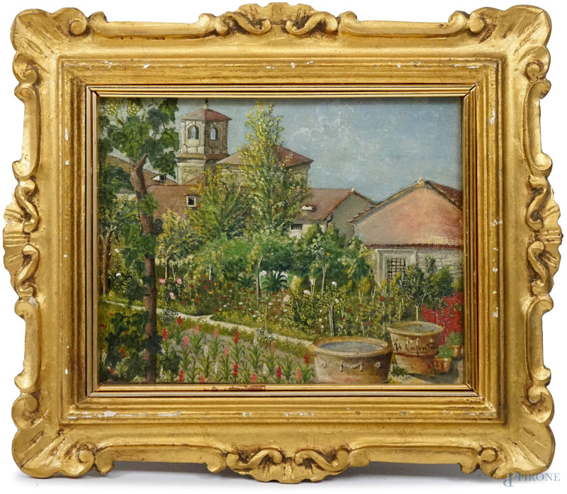 Giardino fiorito, olio su cartone telato con dipinto double face, cm 20x25, firmato, entro cornice.  - Asta ASTA A TEMPO DI ANTIQUARIATO E ARTE MODERNA - Aste Pirone