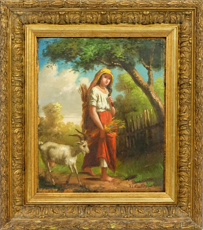 Contadina con capretta, olio su tela applicata su tavola, cm 29x24, firmato Laccetti, entro cornice  - Asta ASTA LIVE DI ANTIQUARIATO E ARTE MODERNA – DUE SESSIONI POMERIDIANE - Aste Pirone