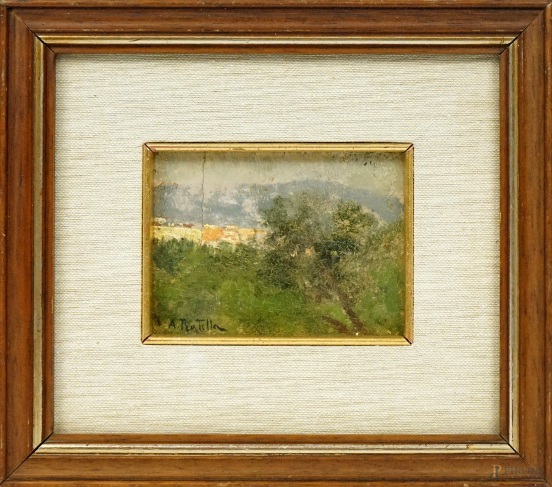 Paesaggio con albero e case, olio su tavola, cm 7,5x10, firmato, entro cornice  - Asta ASTA A TEMPO DI ANTIQUARIATO E ARTE MODERNA - Aste Pirone