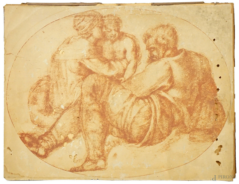 Studio di Sacra Famiglia, stampa da Michelangelo, cm 27,5x37, "F.lli Alinari Soc.An. Firenze - Disegni dei Grandi Maestri", (difetti).  - Asta ASTA A TEMPO DI ANTIQUARIATO E ARTE MODERNA - Aste Pirone