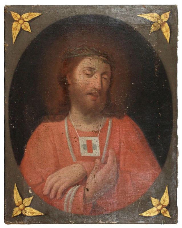 Cristo con corona di spine ed insegna dell'Ordine della Ss. Trinità, olio su tela, cm 73x58, inizi XVIII secolo, (piccole cadute di colore sparse)  - Asta PRIMA TORNATA D' ASTA A TEMPO DI FINE STAGIONE - Aste Pirone