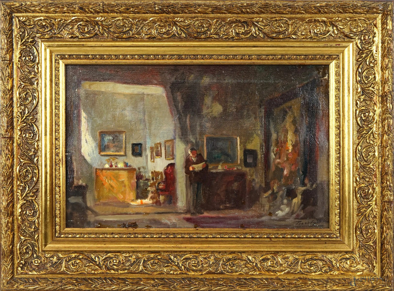 Interno con figura, olio su tela, cm 25,5x39,5, firmato, entro cornice, (difetti)  - Asta ASTA DI ANTIQUARIATO E ARTE MODERNA - Aste Pirone