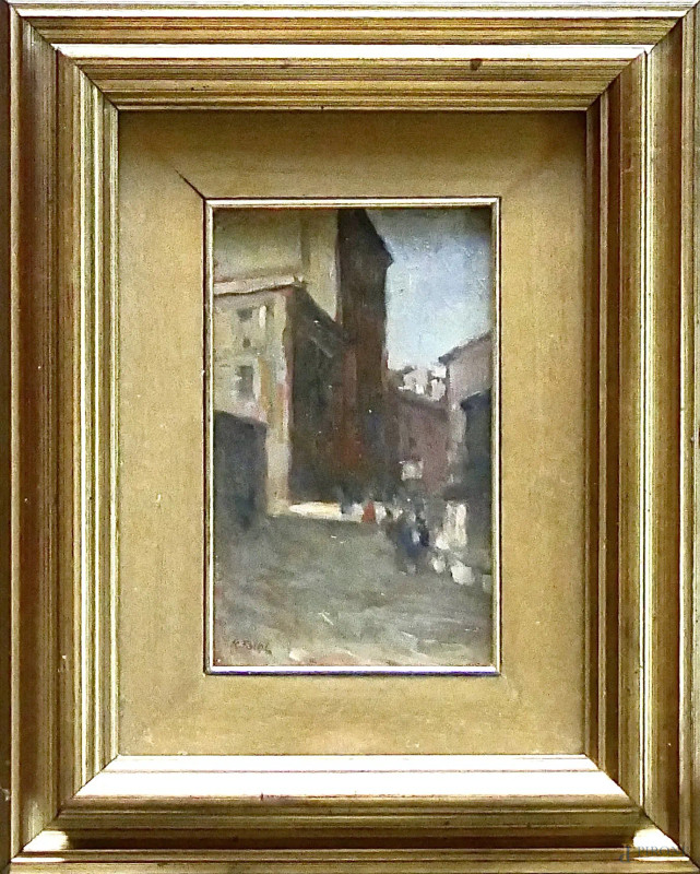 Rodolfo Faini, Scorcio cittadino, 1976, olio su tavola, cm 20x12  - Asta ANTIQUARIATO E ARTE MODERNA - Aste Pirone