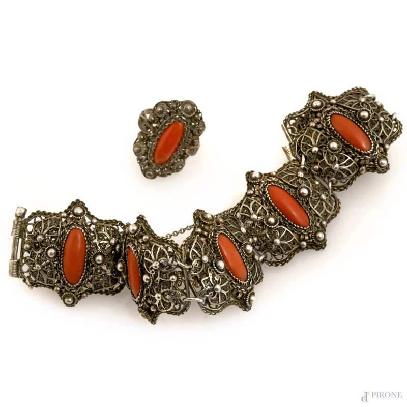 Lotto composto da un bracciale e un anello in filigrana d'argento e pietre dure, peso lordo totale gr. 45  - Asta ASTA A TEMPO | IN ARTE VERITAS - Aste Pirone