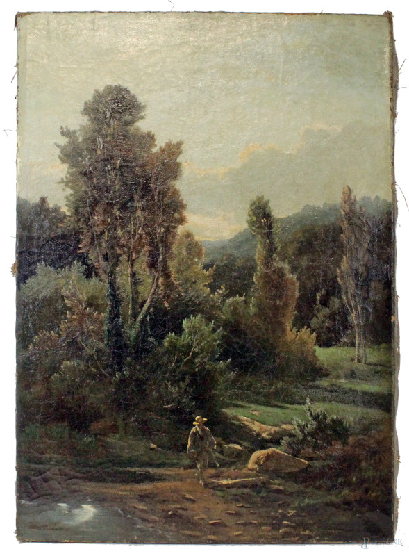 Cacciatore nel bosco, olio su tela, cm 67,5x48,5, XIX secolo, entro cornice, (difetti).  - Asta ANTIQUARIATO E ARTE MODERNA - Aste Pirone