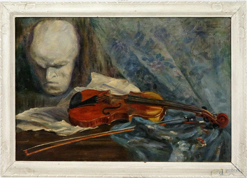 Il violino, olio su tela, cm 55x80, firmato e datato, entro cornice  - Asta ASTA A TEMPO - Aste Pirone