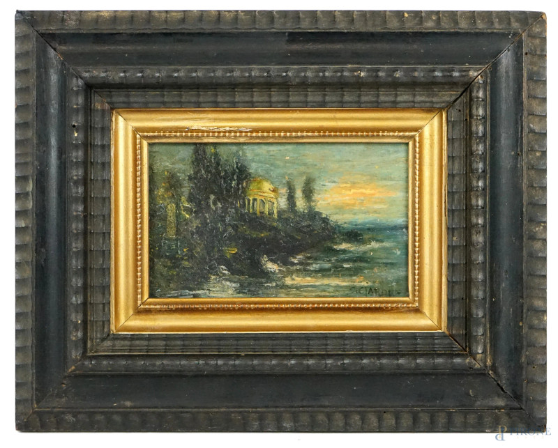 Paesaggio lacustre con tempio, olio su tavola, cm 10x15, firmato, entro cornice.  - Asta I TORNATA DI ASTA A TEMPO DI ARTE MODERNA E ANTIQUARIATO - Aste Pirone