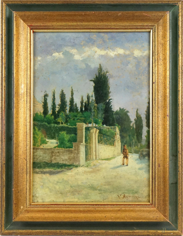 Esterno di parco con figura, olio su cartone, cm 32x24, firmato, entro cornice.  - Asta II TORNATA DI ASTA DI ARTE MODERNA E ANTIQUARIATO - Aste Pirone