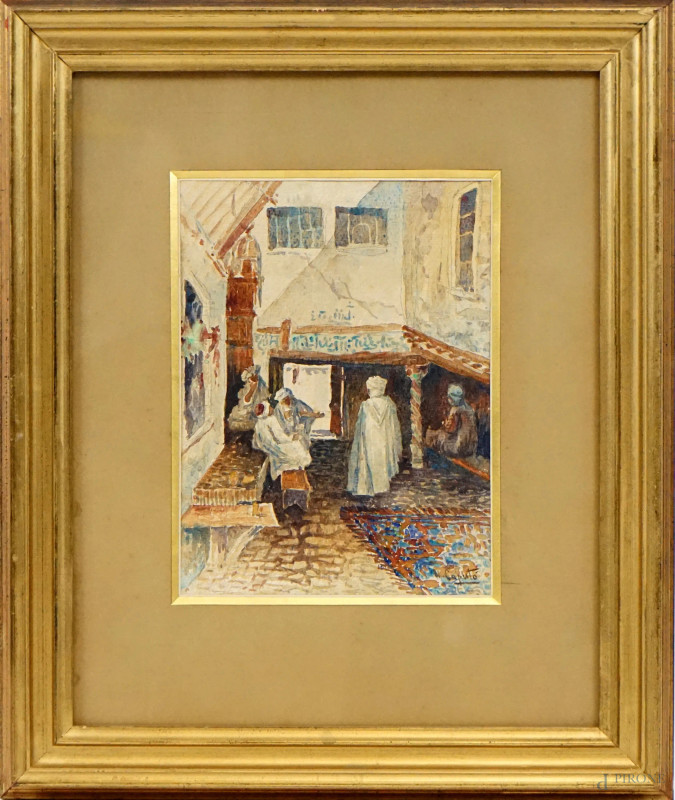 Interno con arabi, acquarello su carta, cm 51x42, firmato, entro cornice.  - Asta ASTA A TEMPO - Aste Pirone