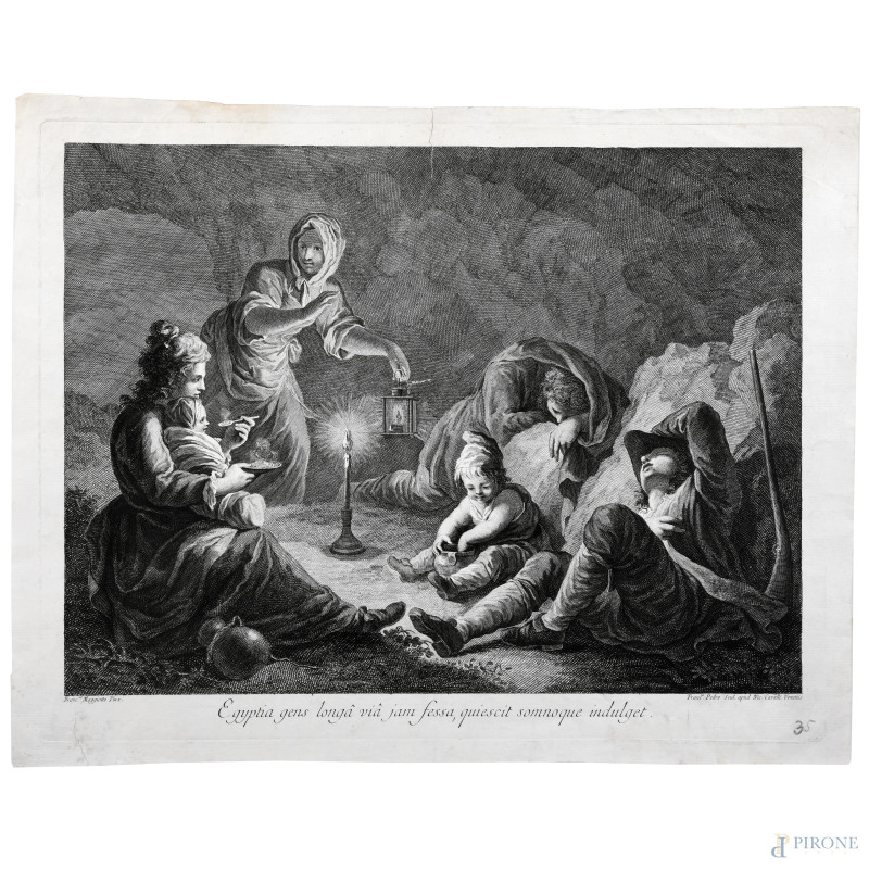 Il riposo, XVIII-XIX secolo, incisione su carta, cm 37x47, (segni di usura, tracce di umidità, gore, foxing, lacerazioni della carta, tracce di piegatura)  - Asta RAPIDA SOLIS - Aste Pirone