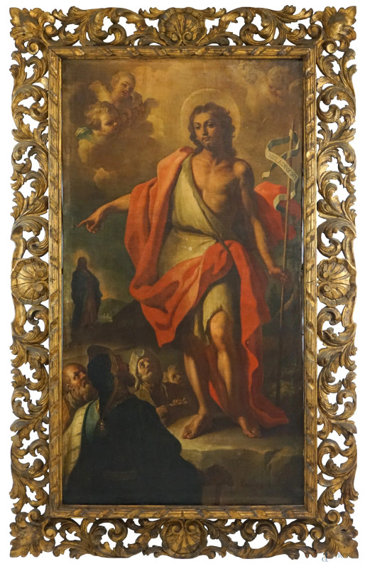 Paolo De Majo : San Giovanni Battista predica nel deserto, olio su tela, cm 166,5x88,5, entro cornice  - Asta ASTA DI ANTIQUARIATO - Aste Pirone