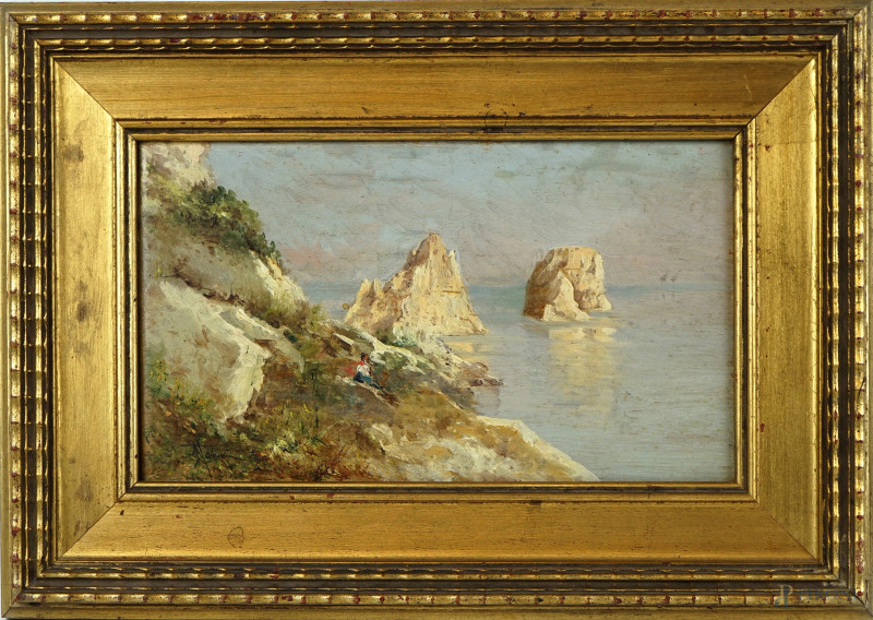 I Faraglioni, olio su tavola, cm 14,5x24, firmato F.Mancini, entro cornice.  - Asta ASTA DI ANTIQUARIATO E ARTE MODERNA - Aste Pirone