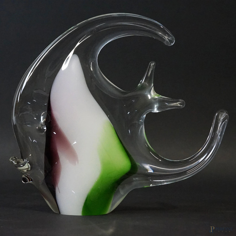 Pesce, scultura in vetro di Murano, XX secolo, in vetro sommerso policromo, cm h 19x21  - Asta ASTA A TEMPO di Arte Moderna e Antiquariato - Aste Pirone