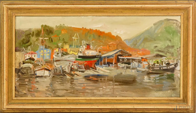 Porticciolo di Rapallo, olio su tela, cm 60x120, XX secolo, entro cornice  - Asta ASTA A TEMPO DI ANTIQUARIATO E ARTE MODERNA – DUE SESSIONI - Aste Pirone