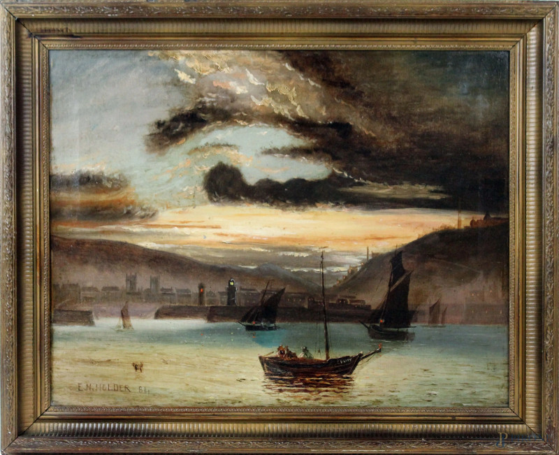 Marina con imbarcazioni, olio su tela, cm 38x48, firmato e datato, entro cornice.  - Asta Asta a Tempo di Antiquariato e Arte Moderna - Aste Pirone