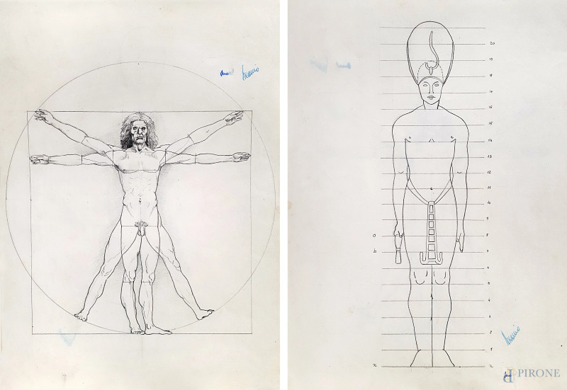 Artista del Novecento, antico disegno raffigurante teoria delle proporzioni nell’Uomo Vitruviano e nei Canoni Egizi, matita su carta, cm 35x25  - Asta ASTA A TEMPO DI CORNICI, LIBRI D'ARTE, TAPPETI E PREZIOSI - Aste Pirone