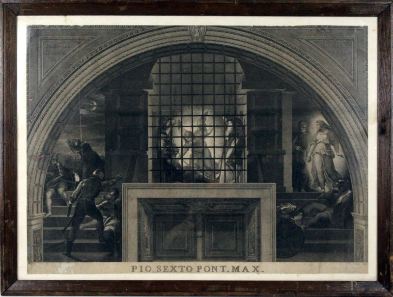 Liberazione di San Pietro dal Carcere, antica acquaforte da Raffaello, cm 54x74, (difetti)  - Asta SECONDA TORNATA D' ASTA A TEMPO DI FINE STAGIONE - Aste Pirone