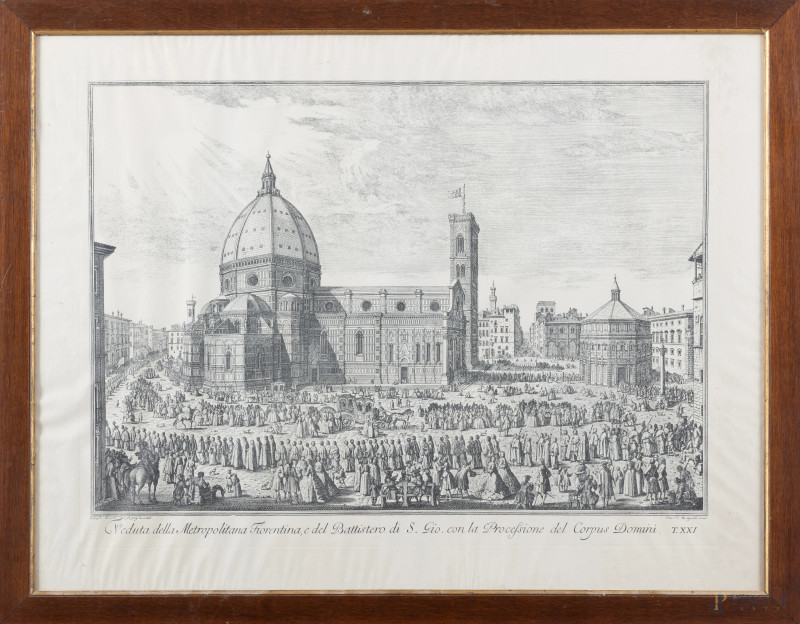 Veduta della Metropolitana Fiorentina, e del Battistero di S.Gio. con la Processione del Corpus Domini, XX secolo, incisione su carta, cm 58x76, entro cornice, (segni di usura, ondulazioni della carta, piegature, leggere tracce di umidità)  - Asta ASTA A TEMPO | ELECTA - Aste Pirone