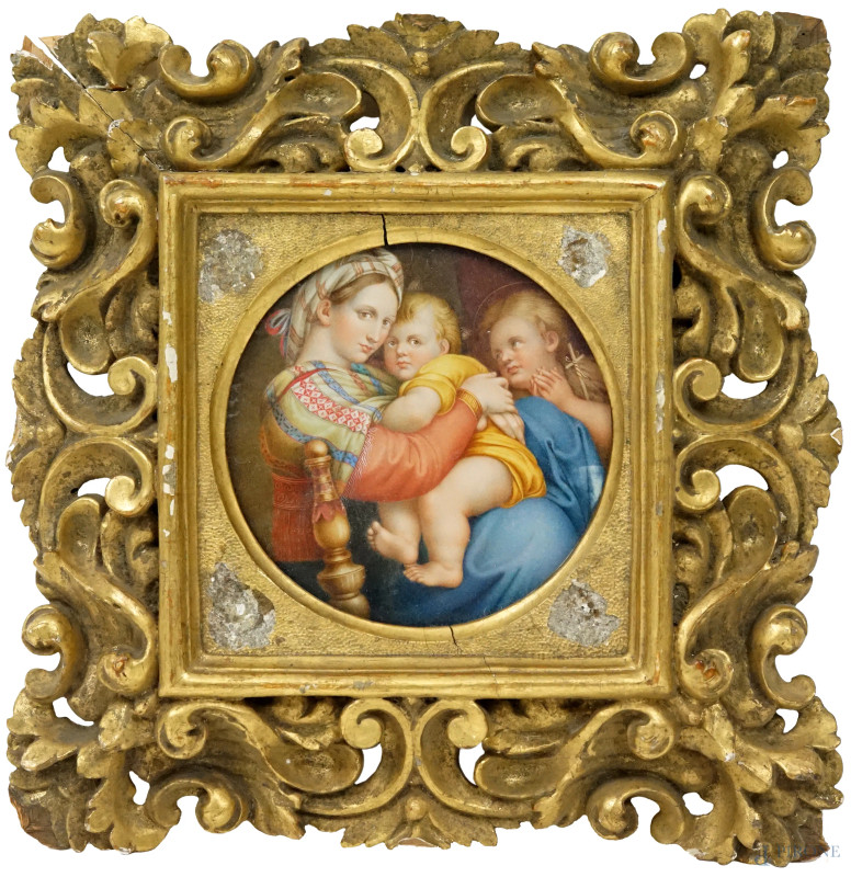 Madonna della seggiola, miniatura ad assetto tondo, diam. 12.5, XIX secolo, entro cornice.  - Asta ASTA A TEMPO DI ANTIQUARIATO E ARTE MODERNA - Aste Pirone