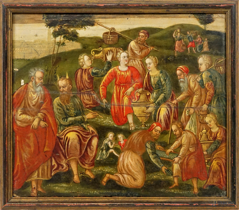 Scuola veneto-cretese, XVI secolo, Mosè fa scaturire l'acqua, olio su tavola, cm 31,5x37,5, entro cornice, (difetti).  - Asta ASTA A TEMPO DI ANTIQUARIATO E ARTE MODERNA - Aste Pirone