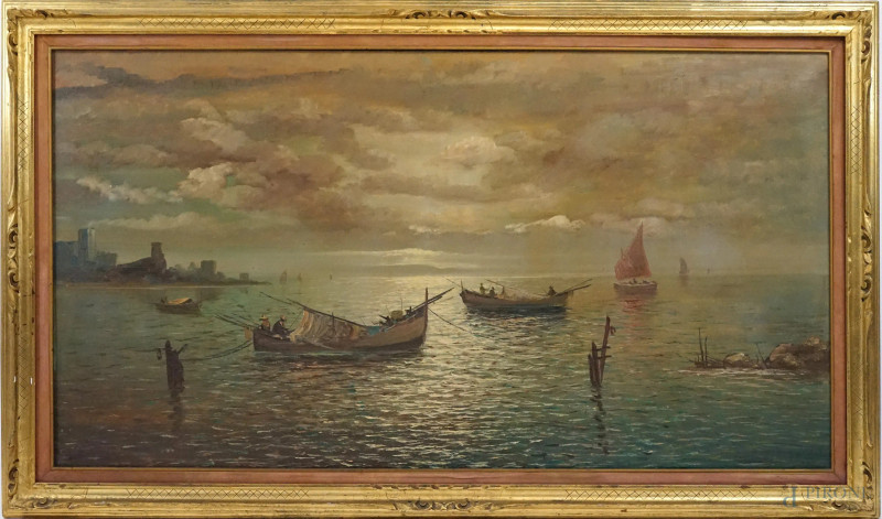 Marina, olio su tela, cm 80x150, XX secolo, entro cornice  - Asta ASTA A TEMPO di Arte Moderna e Antiquariato - Aste Pirone