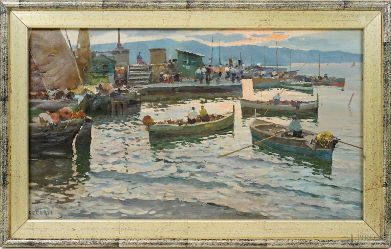 Pescatori, olio su tela riportata su masonite, cm 34x59, firmato, entro cornice, (difetti).  - Asta ASTA A TEMPO di Arte Moderna e Antiquariato - Aste Pirone