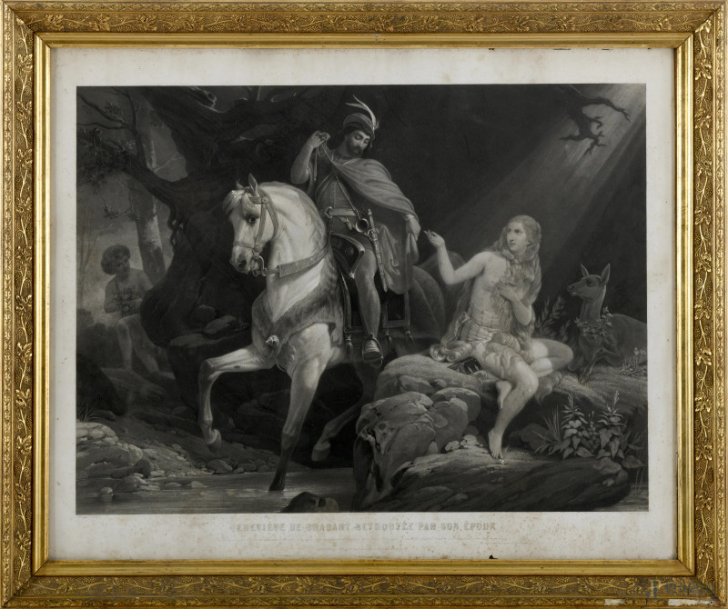 Geneviève de Brabant retrouvée par son épour, incisione su carta, cm 63x76, entro cornice, (difetti, gore e tracce di umidità)  - Asta ASTA A TEMPO | IN ARTE VERITAS - Aste Pirone