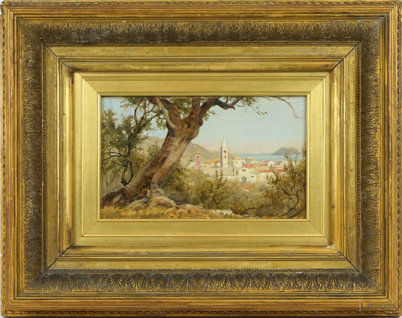 Veduta di  paese costiero, olio su tavola, cm 15x24, firmato e datato in basso a sinistra, entro cornice  - Asta ASTA DI ANTIQUARIATO E ARTE MODERNA - Aste Pirone